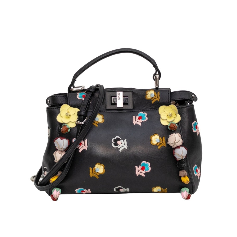 FENDI Peekaboo Mini 2Way Shoulder Hand Bag Black Leather Floral Applique